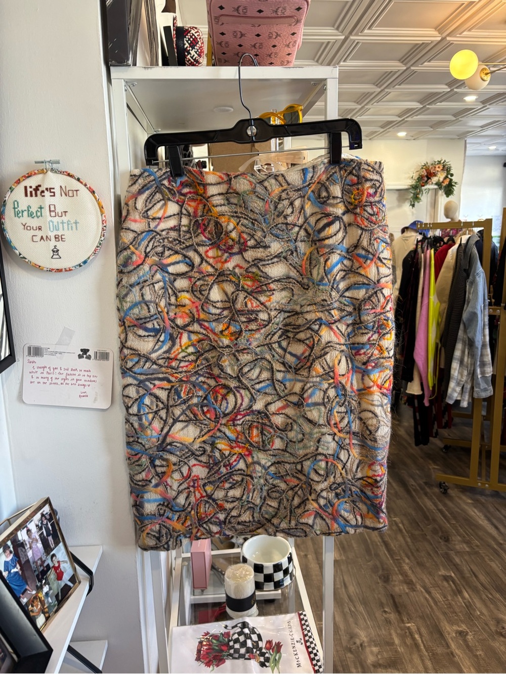 David Meister Multicolor Abstract Scribble Pencil Skirt in Cream Base